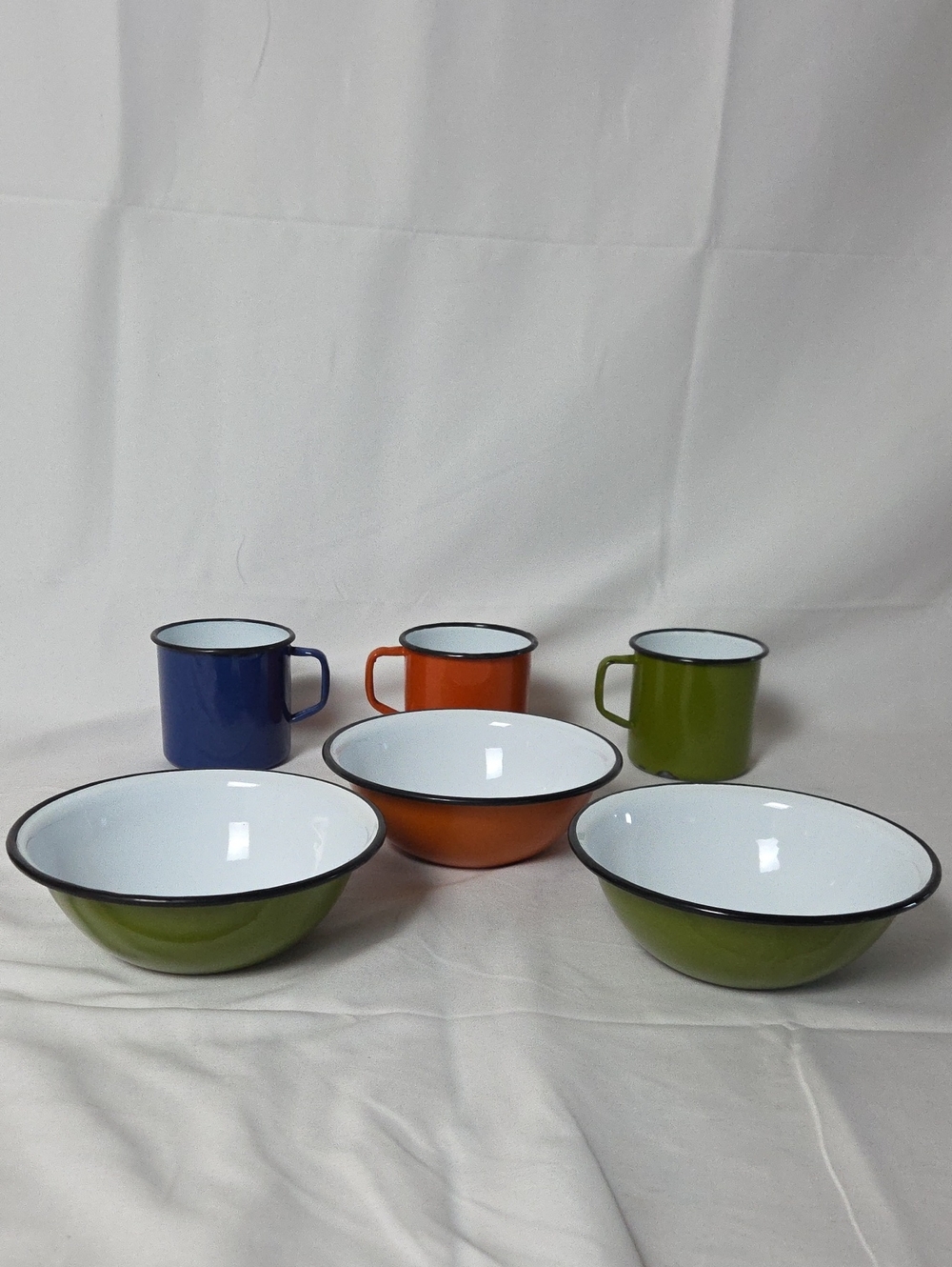 Enamel Camping Mugs & Bowls Set in Blue, Orange, Green - Multi-Color Home Dining